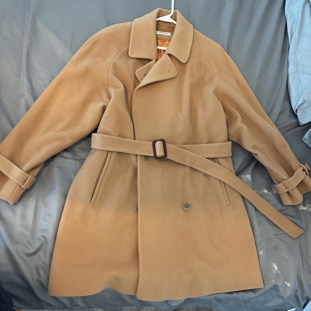 Vintage Calvin Klein Tan Pea Coat 100% Merino Wool Womens Sz 14 Made in USA